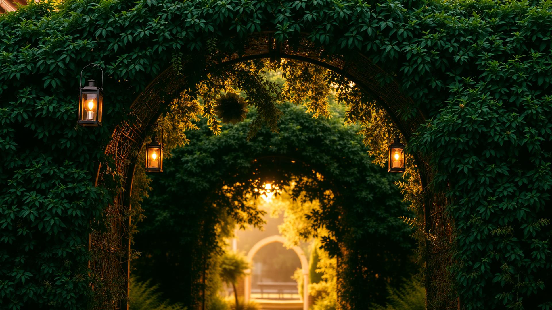 Garden archway with lanterns at golden hour