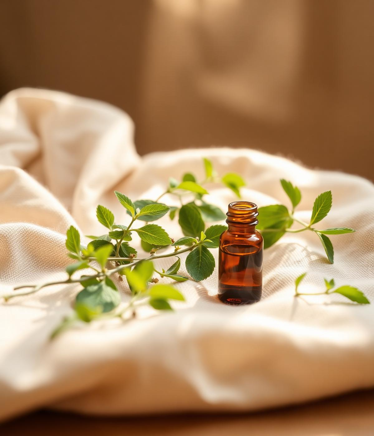 Botanical herbs and amber bottle on linen