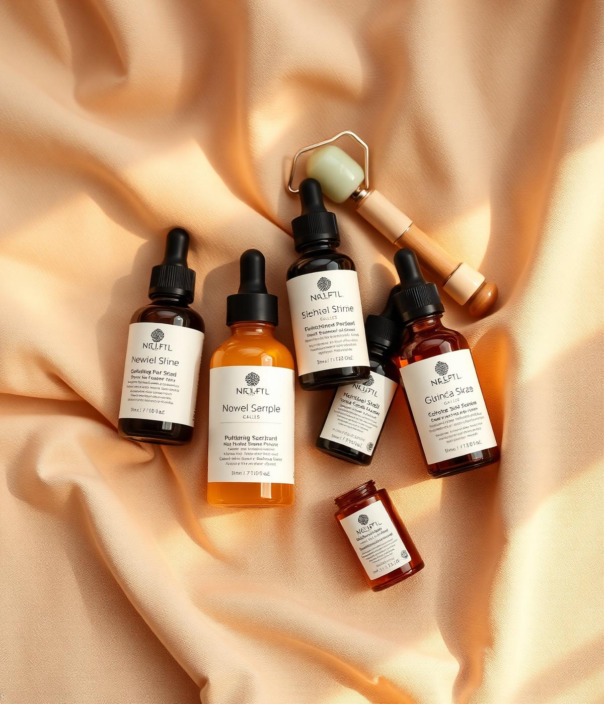 Hydrofacial serums and skincare flatlay in warm golden light