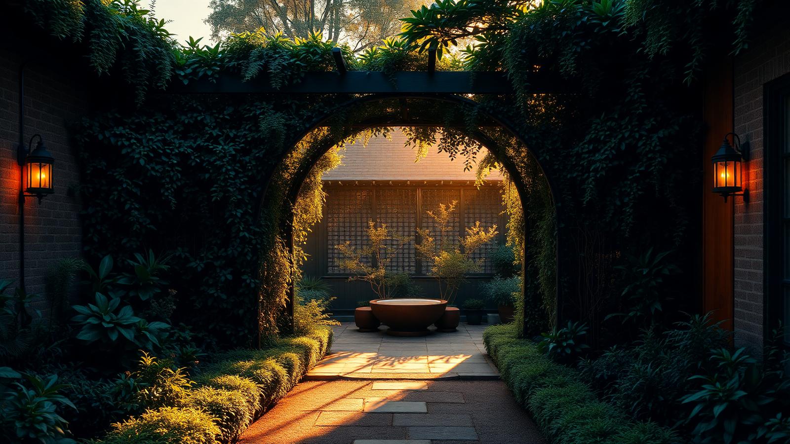 Garden archway with lanterns at golden hour