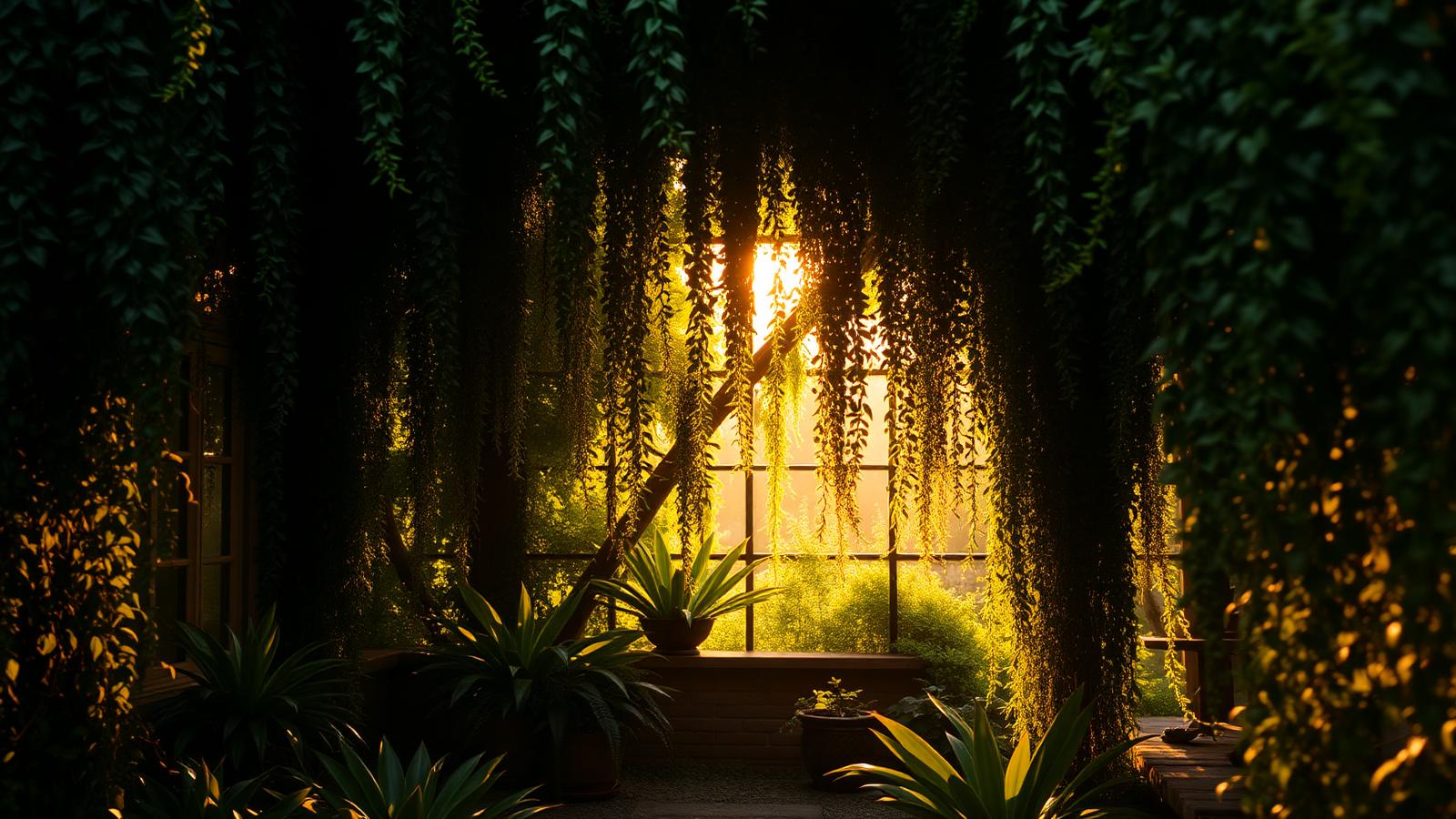 Lush secret garden with hanging vines and golden light