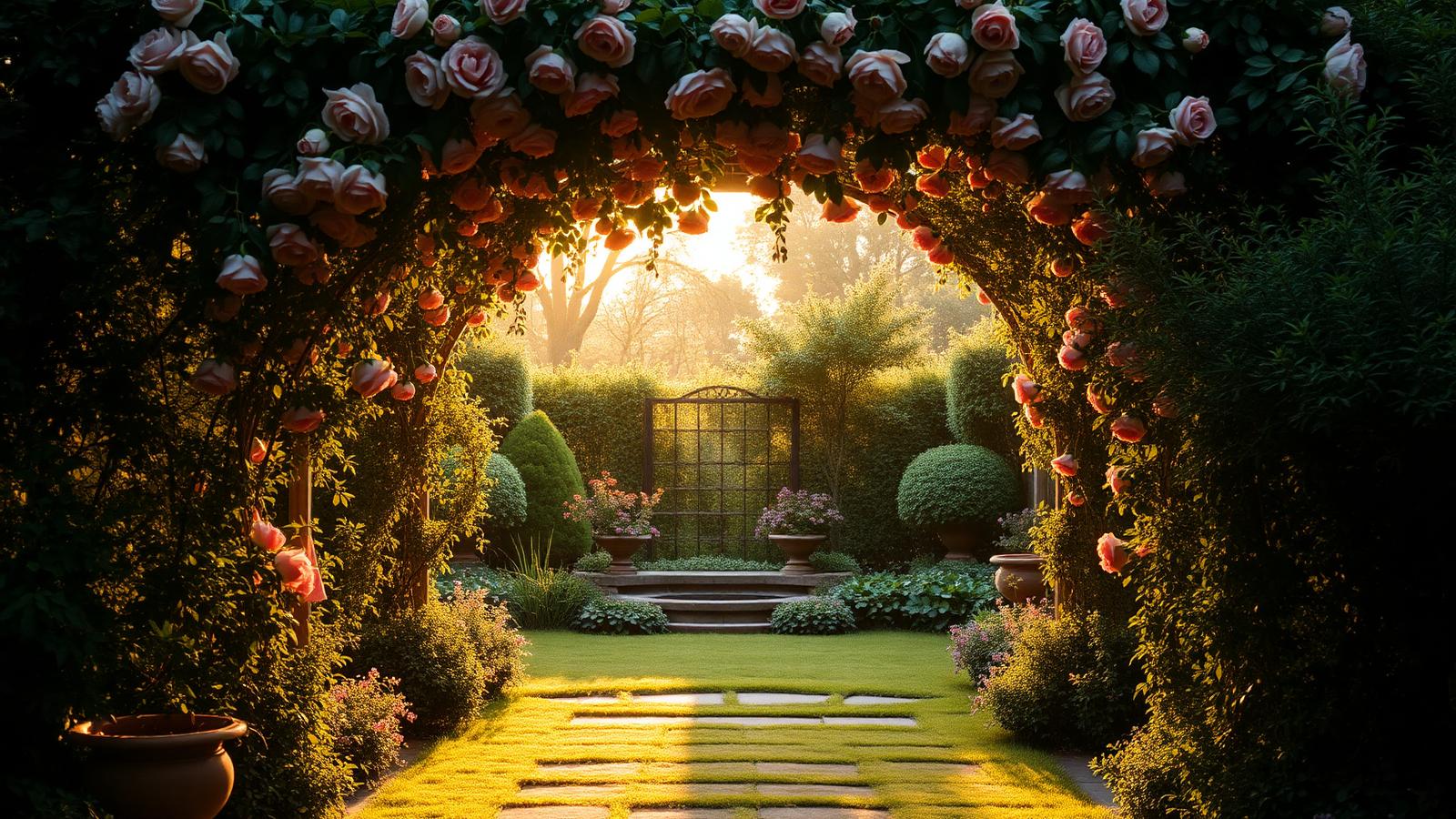 Garden archway covered in roses at golden hour